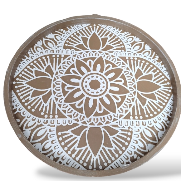 Hanobe Round Wood Decorative Coffee Table Tray Rustic Boho Washed Centerpiece - Picture 9 of 10